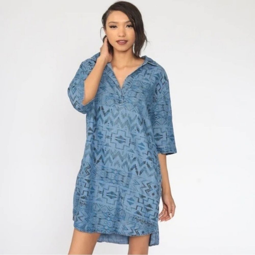 Chelsea & Theodore Aztec Print Chambray Shirt Dress Size XL